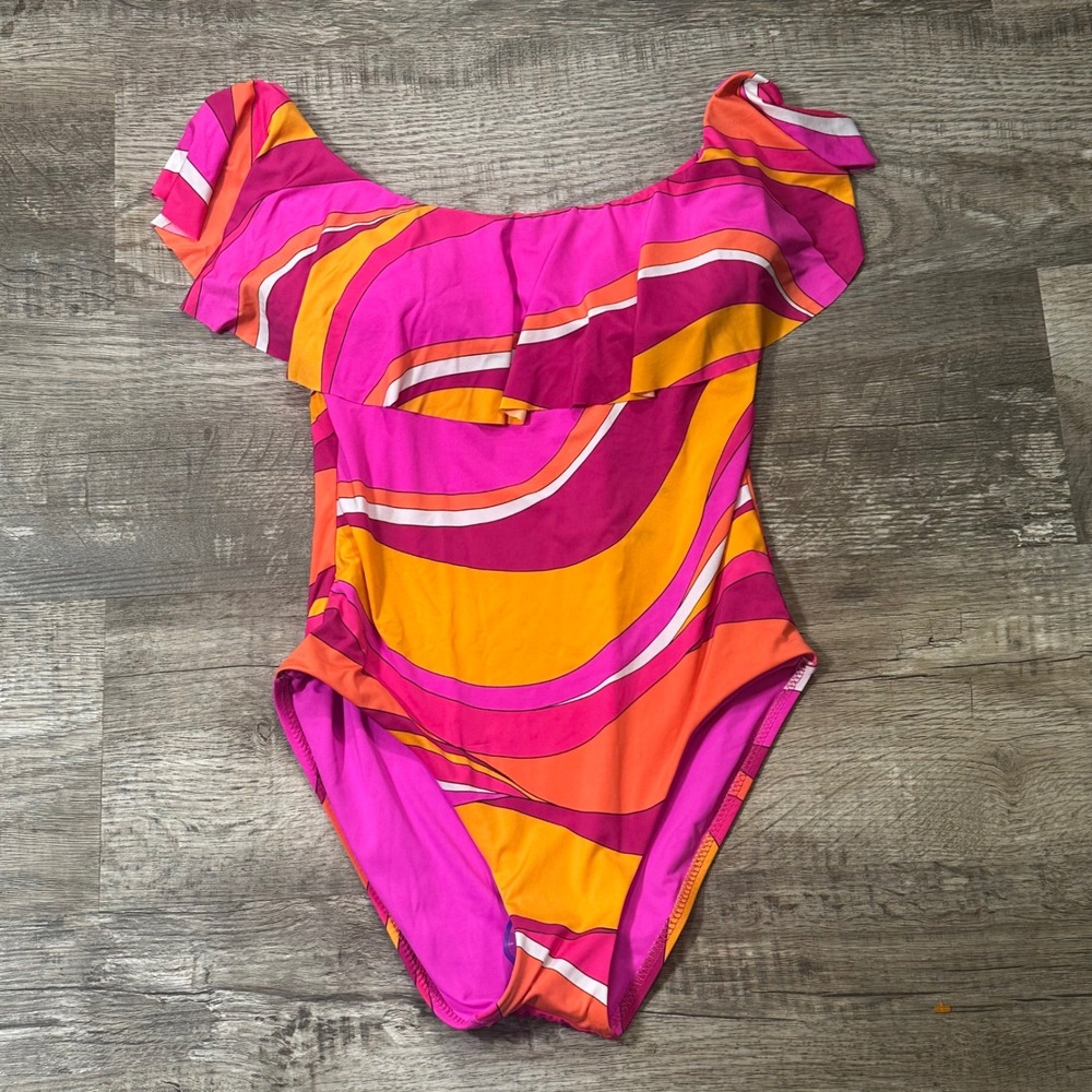 Trina Turk Pink Orange Swirl Ruffle Off Shoulder One Piece Swimsuit Size 6